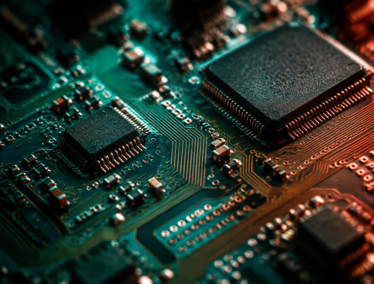 Macro photograph of a circuit board with processors and copper traces