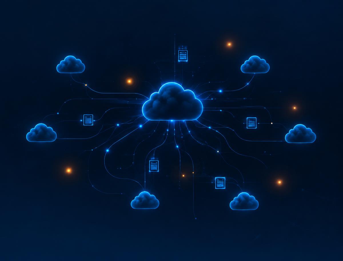 Abstract illustration of interconnected cloud nodes and data links on a dark blue background