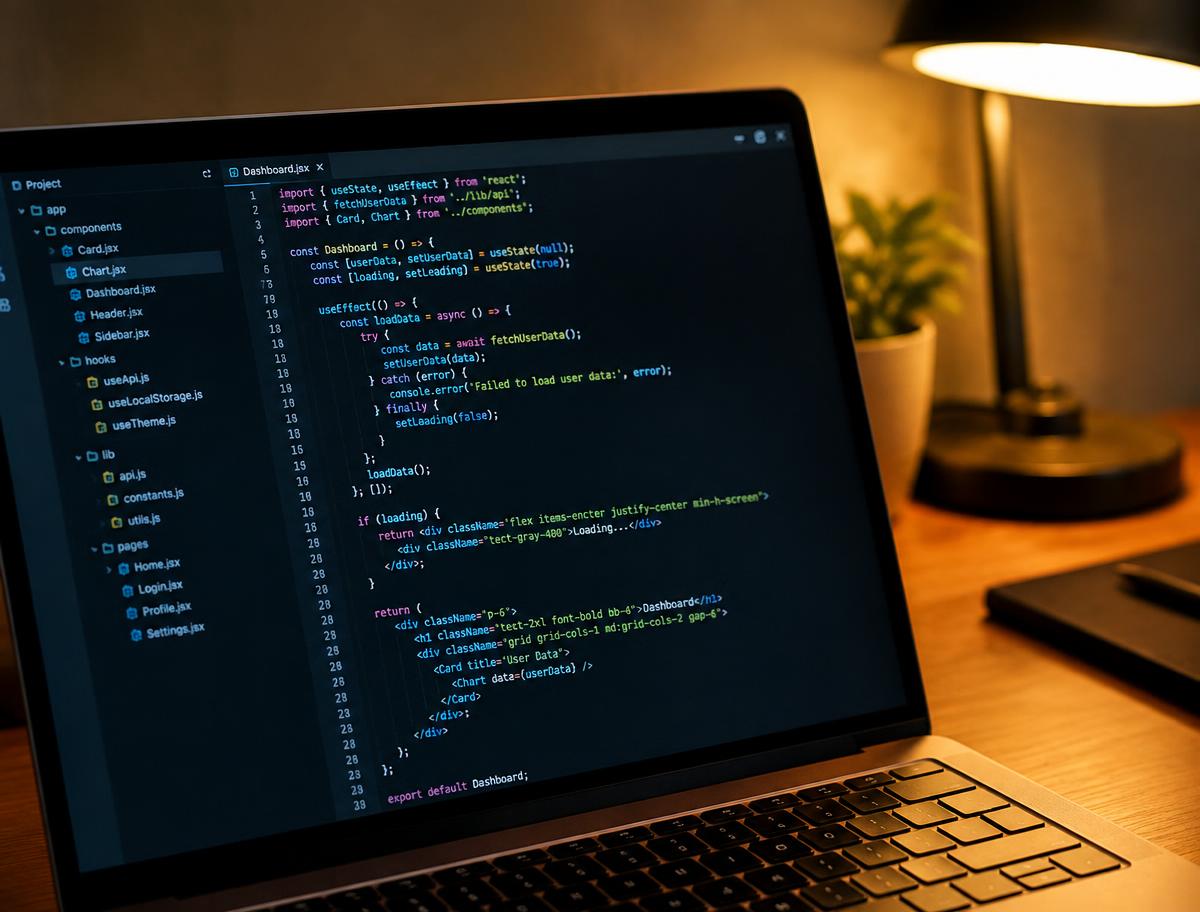 Laptop displaying source code in a dark code editor under a warm desk lamp