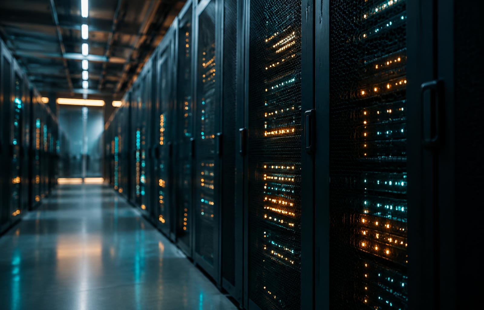 Corridor of server racks with amber and teal status lights in a data centre