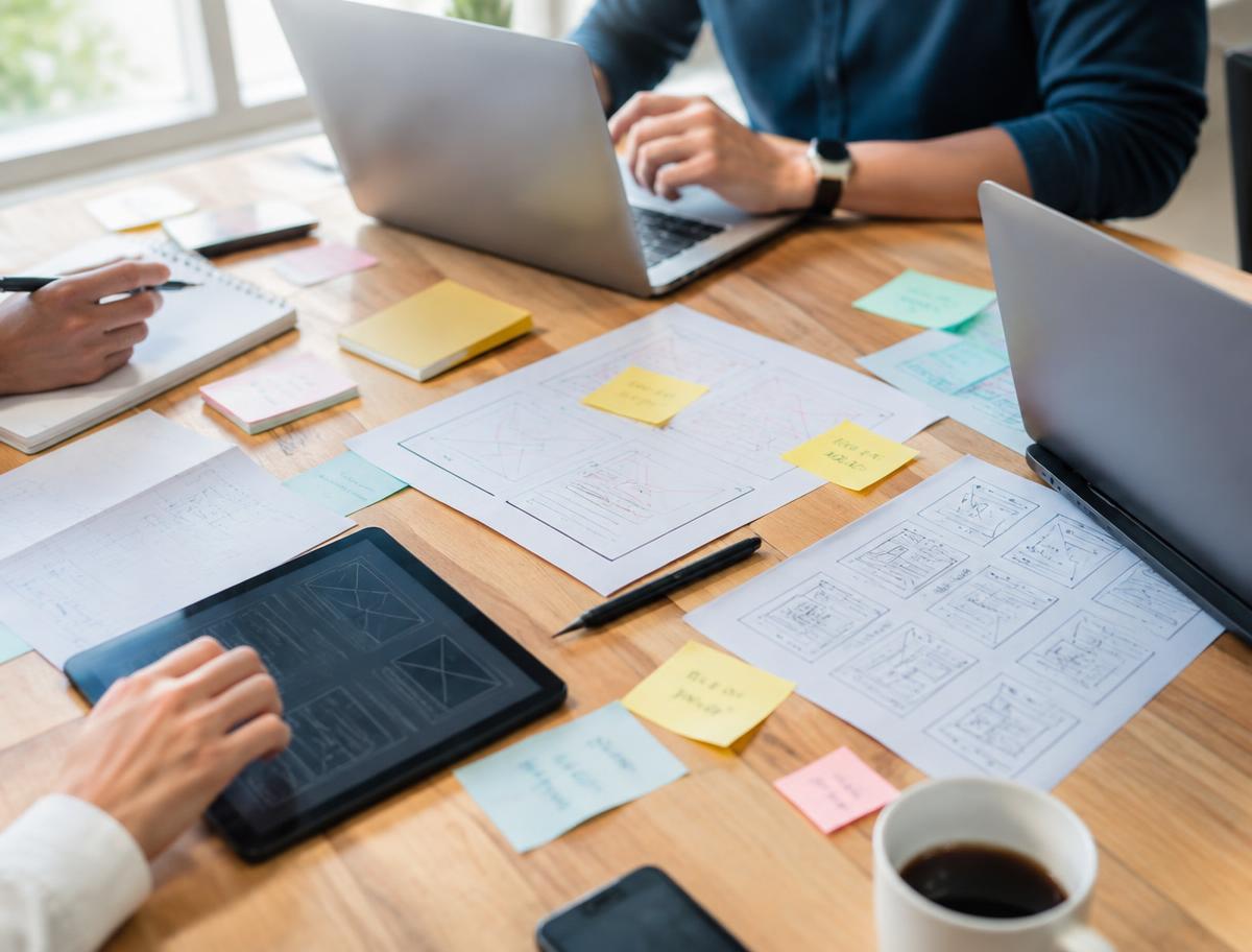 Collaborative workspace table with laptops, wireframe sketches and sticky notes